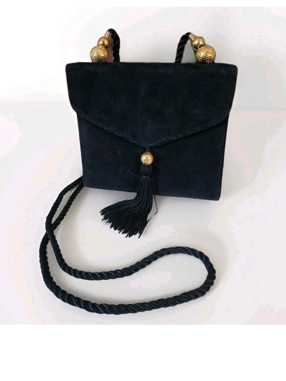 Vintage Mary Kay Black Suede Crossbody Bag with Gold Bead Accents